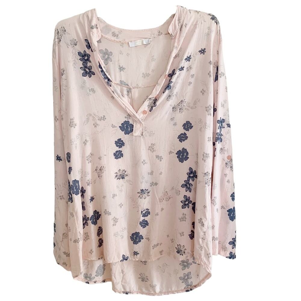 Pepper Pink Blue Floral Button V Neck Long Sleeve Blouse Small